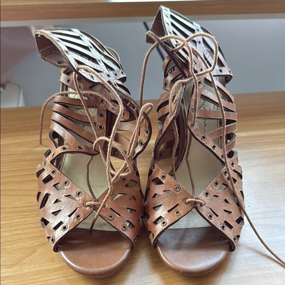 Jessica Simpson Brown High-Heeled Galdiator Lace-Up Sandals